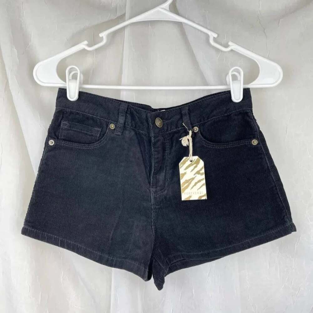 Black Corduroy High Waisted Shorts Forever 21 Boho Grunge XS Size 24 NWT